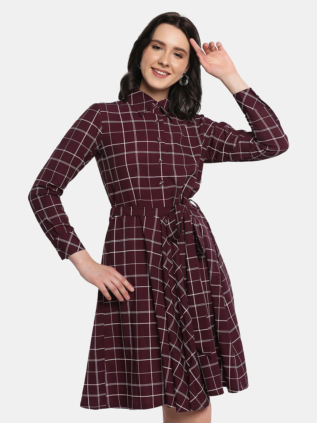 2023 Women Long Sleeve MIDI Long Shirts Lapel Collar Plaid Button