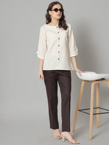 Cotton loops and button detailed beige regular fit top, stylish women's fashion.