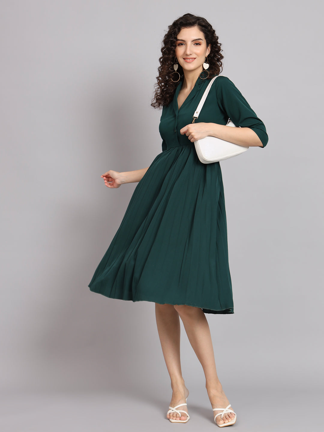 Pleated Flare Dress - Bottle Green