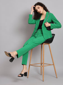 Notched collar stretch pant suit in vibrant parrot green for stylish women.