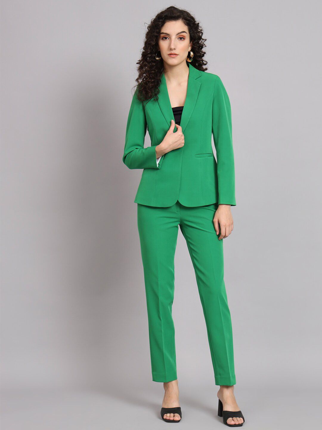 Notched Collar Stretch Pant Suit - Parrot Green