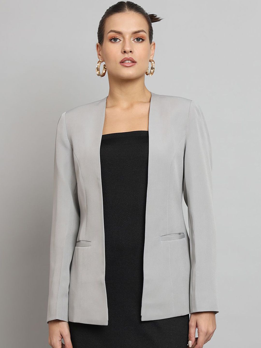 Lapel less Stretch Blazer- Grey