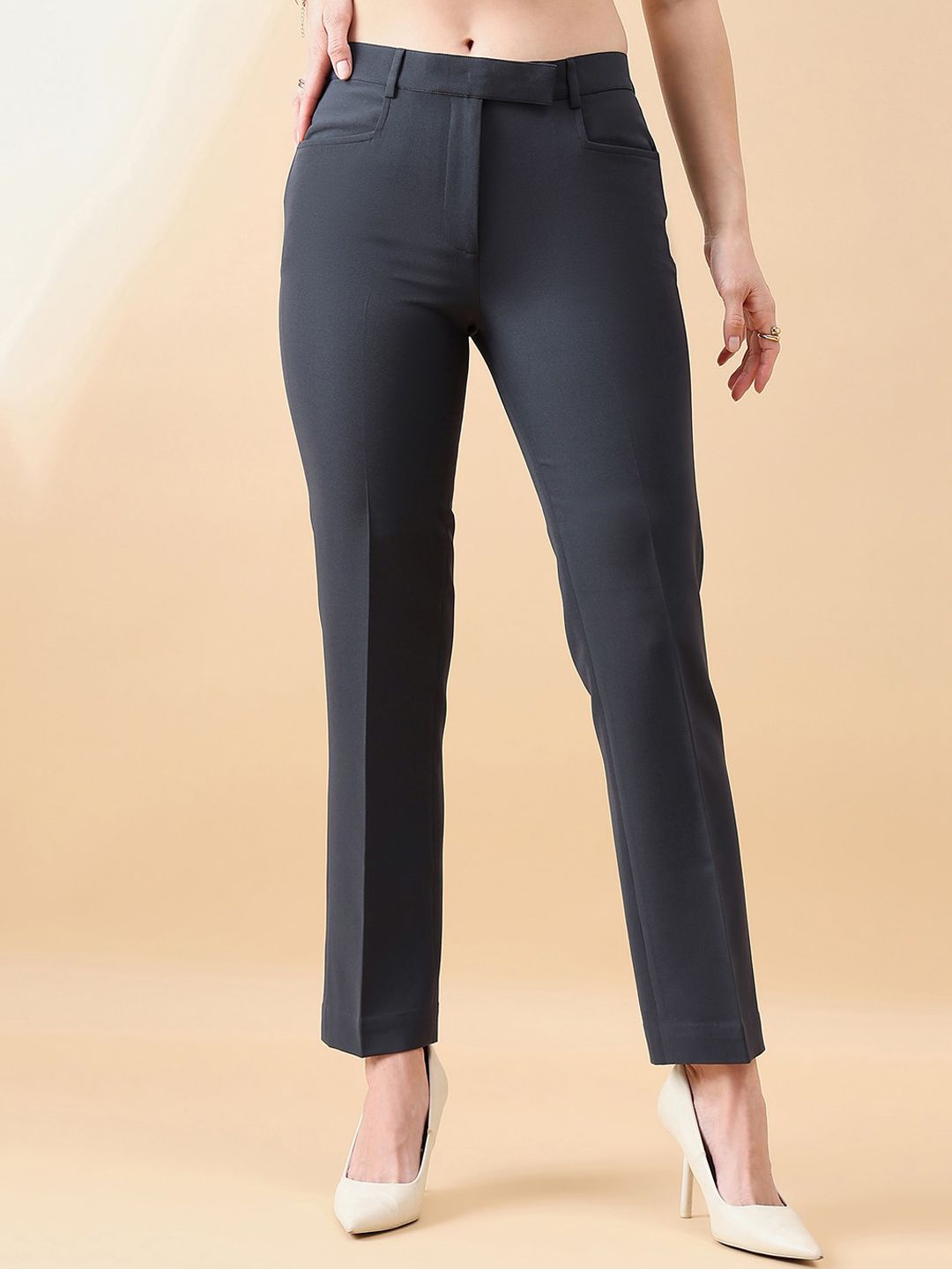 Comfort Fit Mid Waist Stretch Pants- Dark Grey