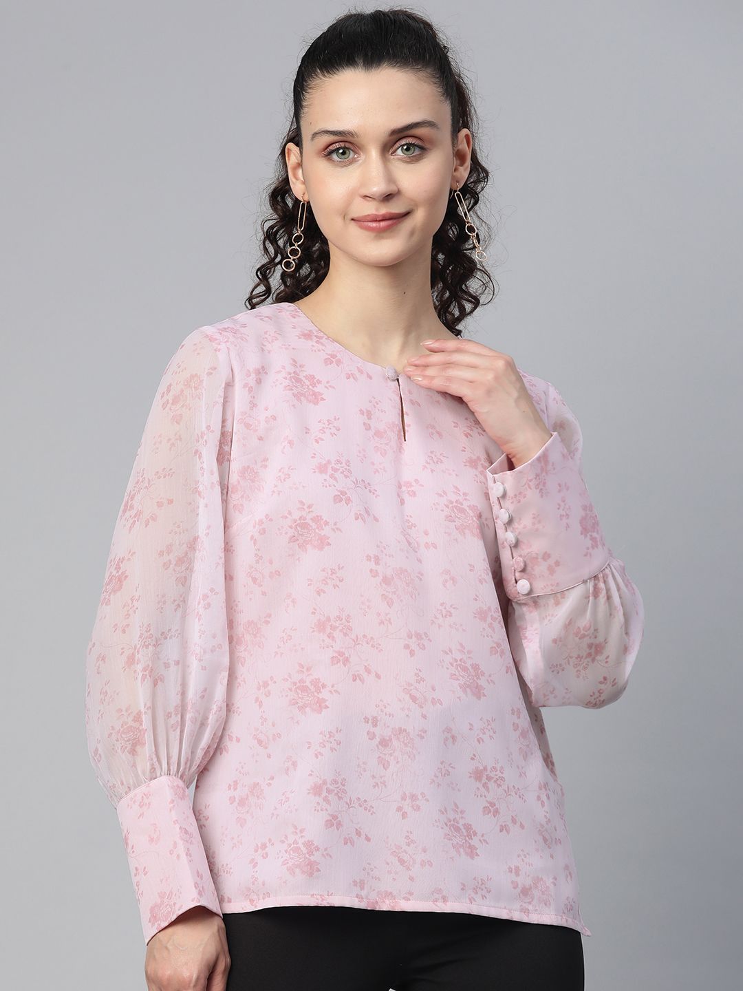 Chiffon Floral Print Top -Baby Pink