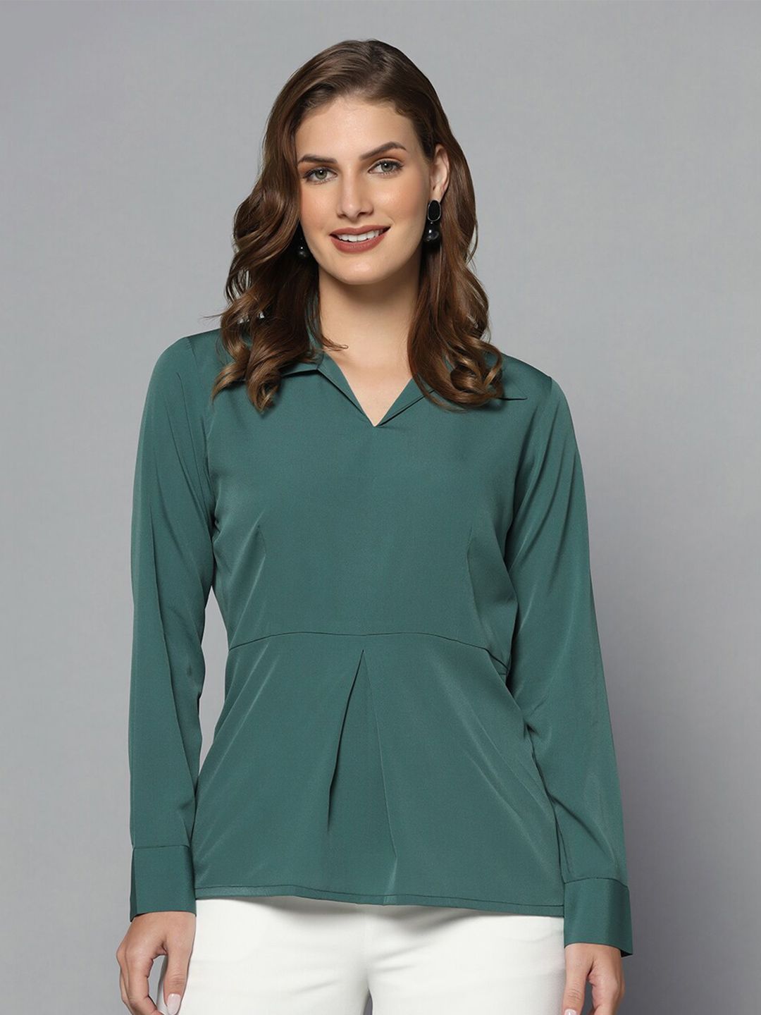 Regular Fit Collared Crepe Top - Green