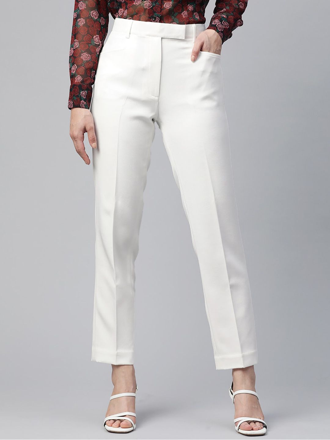 Regular Fit Mid Waist Stretch trouser- White