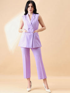 Cut- Sleeve Notch Collar Stretch Pant Suit- Lavender