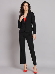 Short Blazer Notched Collar Polyester Pant Suit - Black