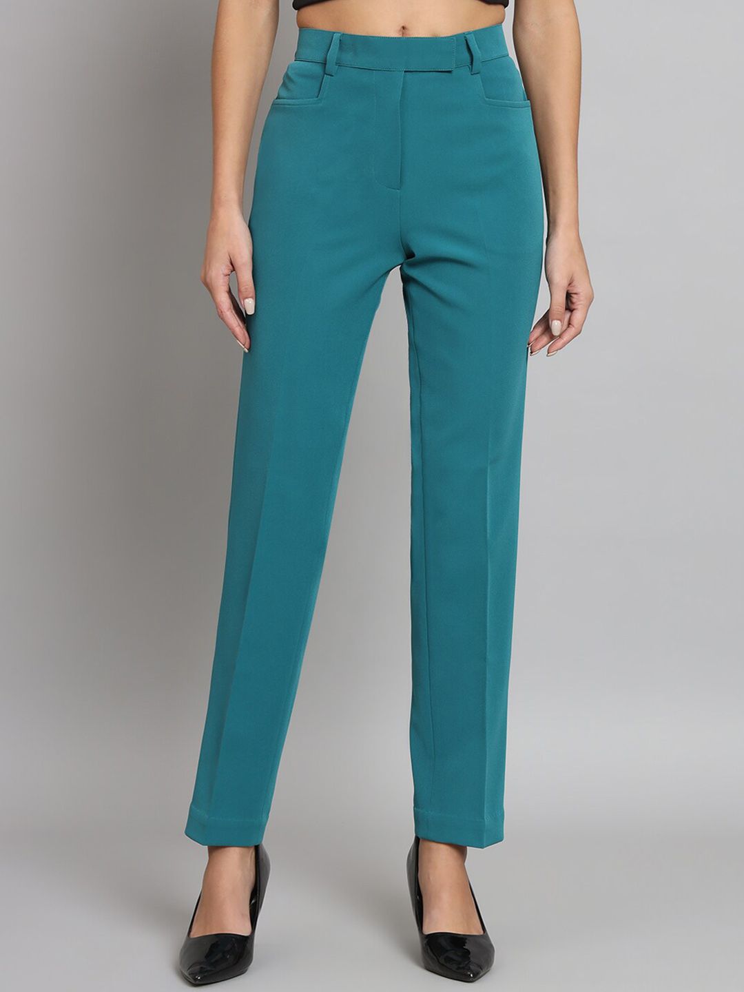 Regular Fit Mid Waist Trouser- Teal Green