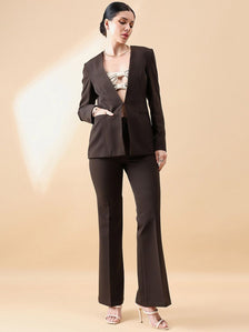 Lapel less Stretch Pant Suit- Chocolate Brown