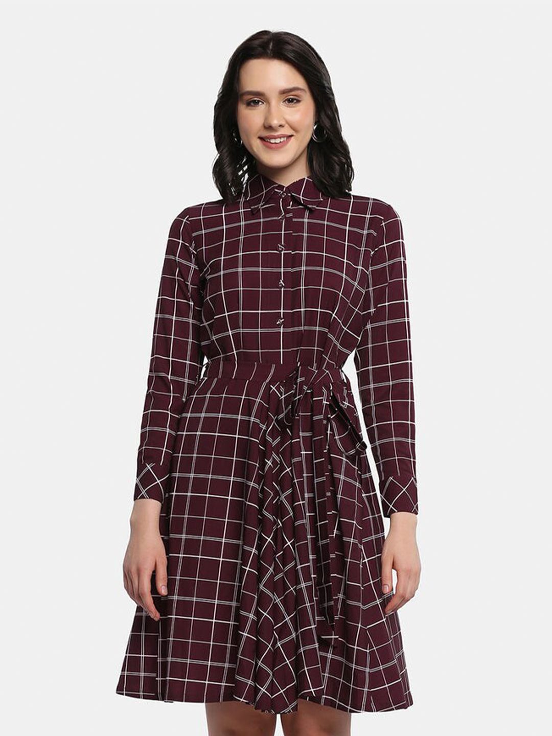 Poly Crepe Checkered Flare Shirt Dress - Maroon