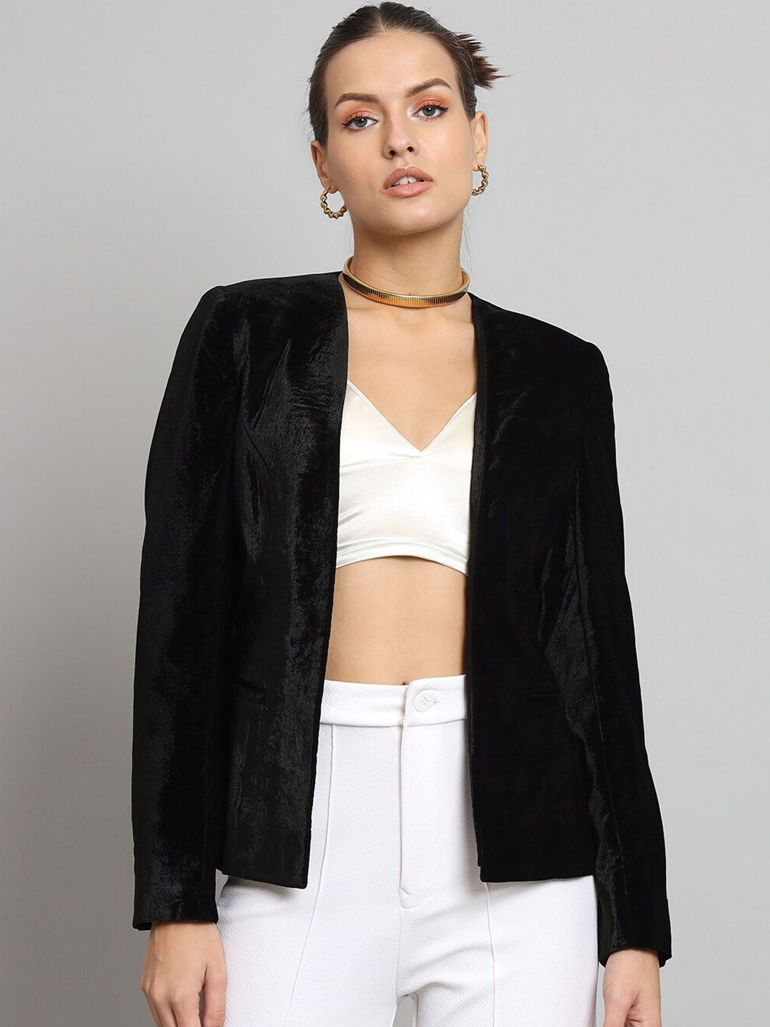 Short Velvet Jacket Without Collar- Black