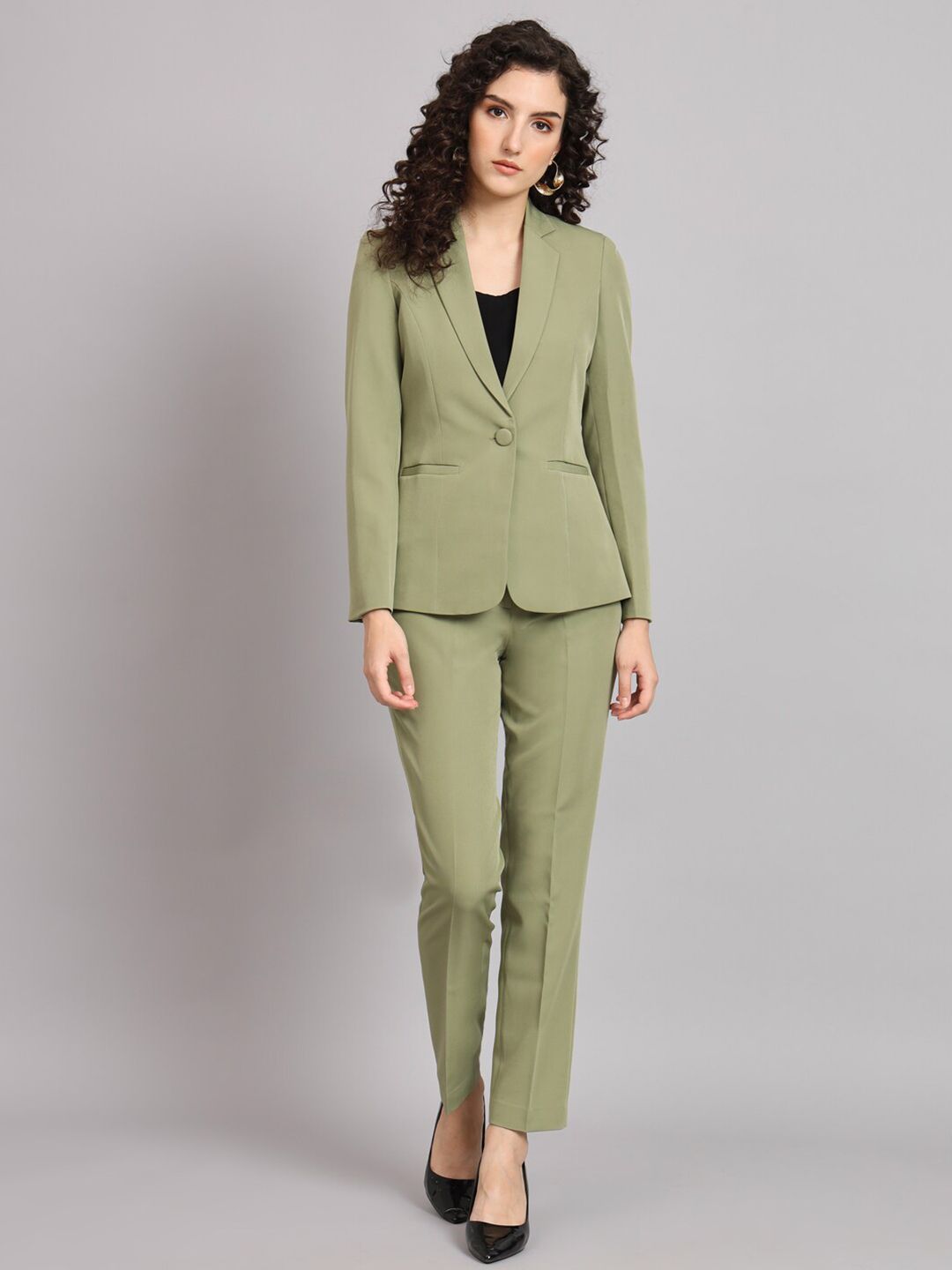 Notched Collar  Pant Suit - Olive Green