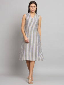 A-line Striped Poly Linen Dress- Blue and Beige