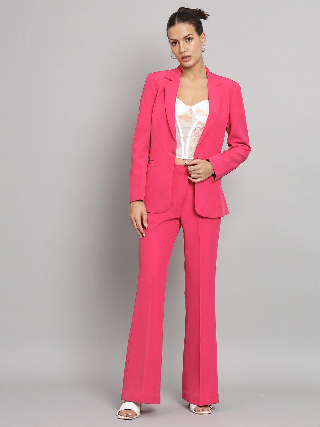 Notch Collar Stretch Pant Suit- Hot Pink