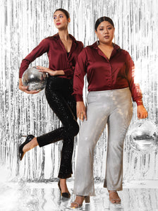 Models wearing maroon satin collared shirts in stylish outfits.