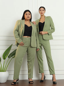 Notched Collar Pant Suit in Olive Green for stylish women.