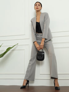 Lapel less grey stretch pant suit for modern women.