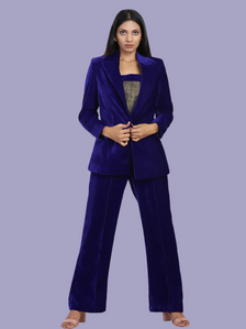 Royal blue velvet pant suit for women, stylish and elegant.