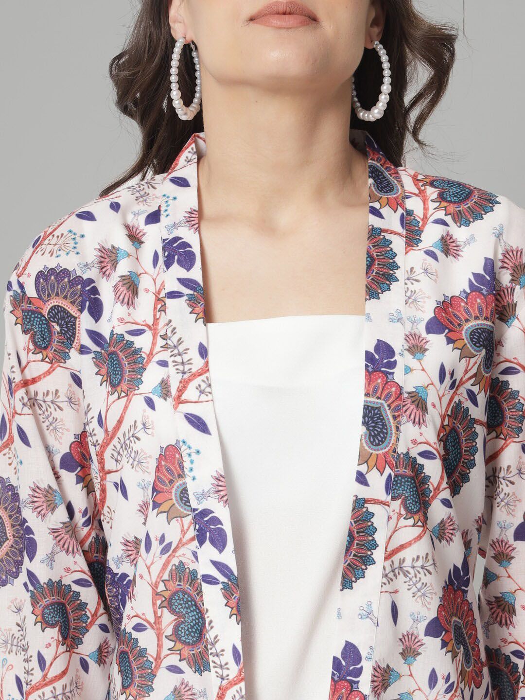 Front Open Printed Jacket- white and blue