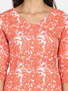 Cotton Printed A Line Dress - Orange & White