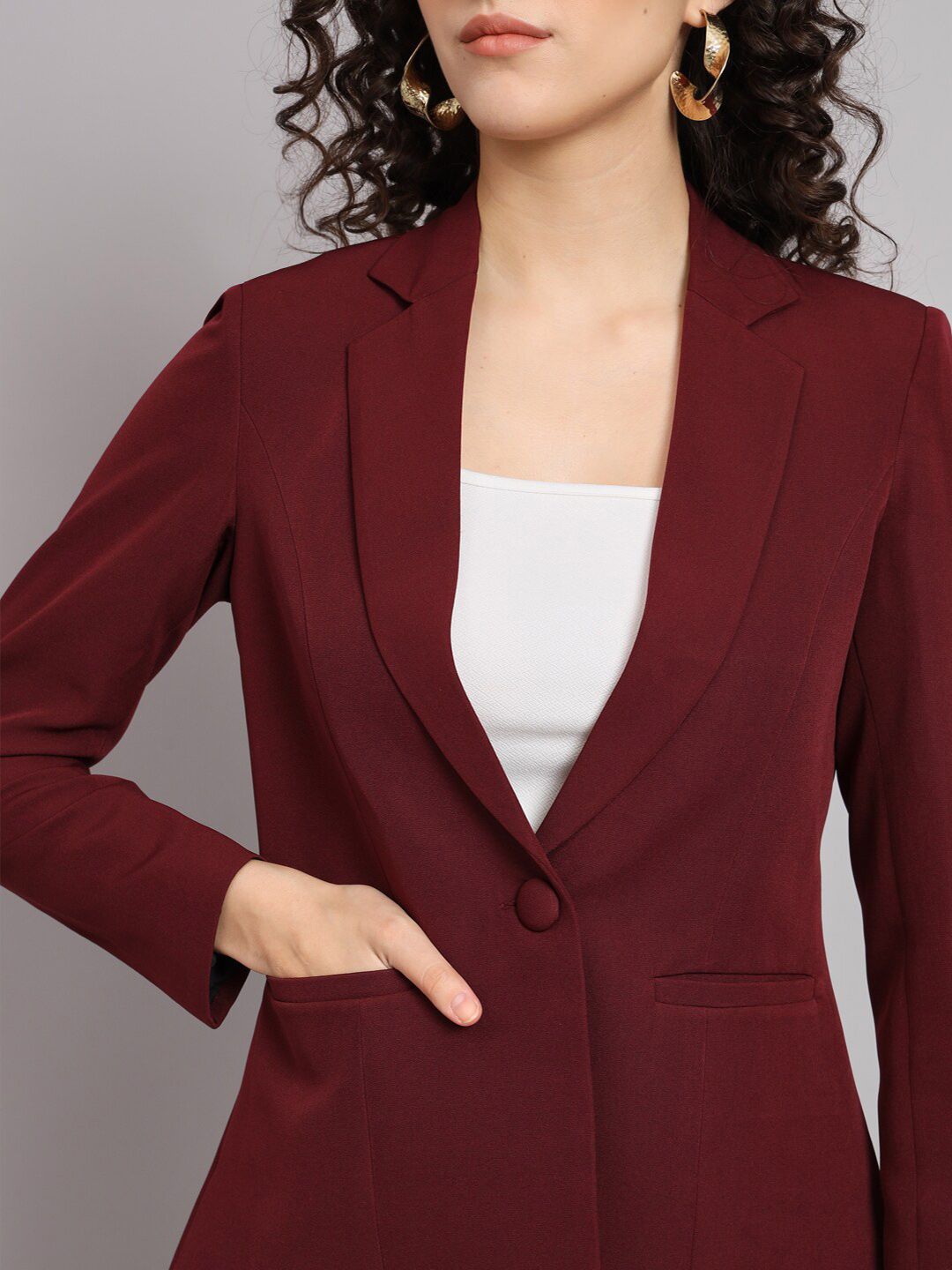 Notched Collar Stretch Pant Suit - Maroon