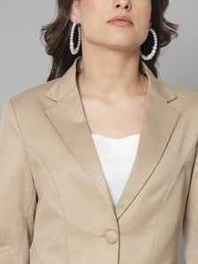 Notch Collar Poly Cotton Blazer- Beige