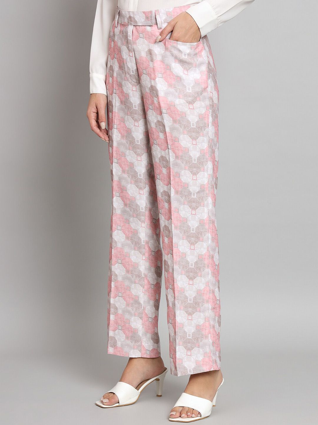 Mid Waist Printed Straight Fit Trouser- Pink