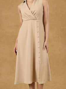 Beige Solid Wrap Neck Midi Dress