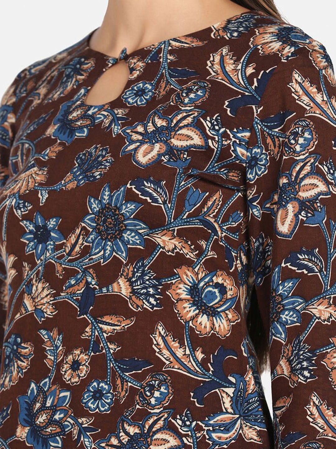 Floral Print Cotton Dress - Brown and Blue