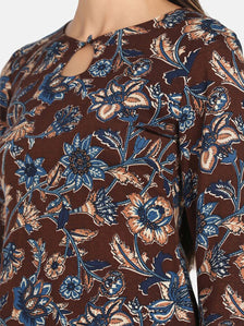 Floral Print Cotton Dress - Brown and Blue