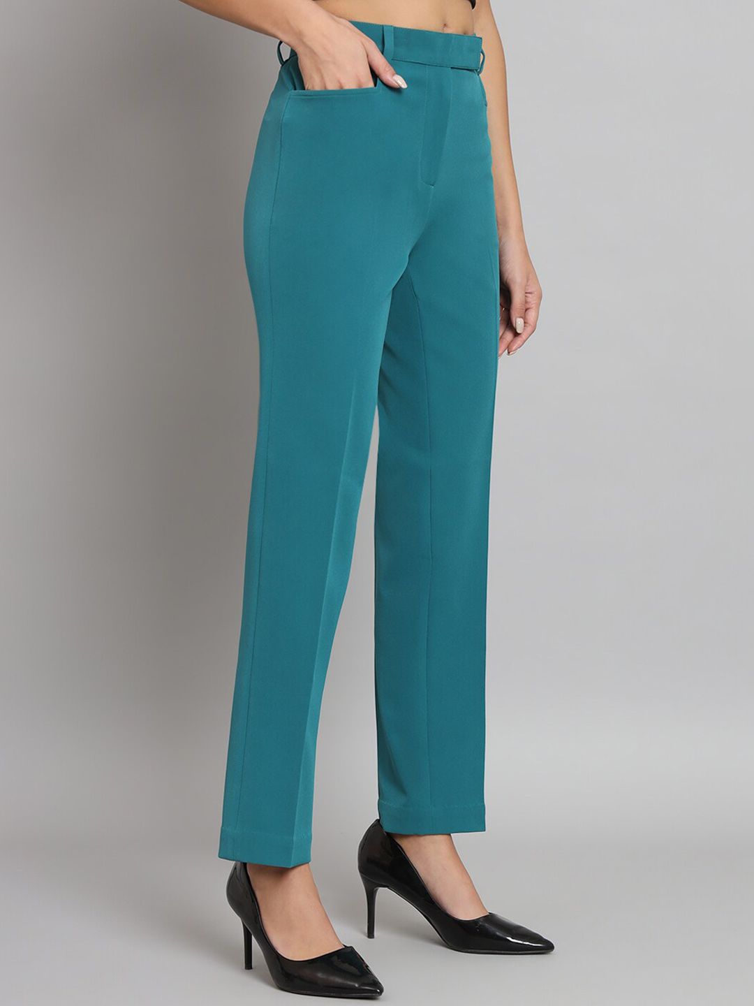 Regular Fit Mid Waist Trouser- Teal Green