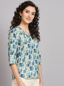 Regular Fit Printed V-Neck Top - Blue and Green