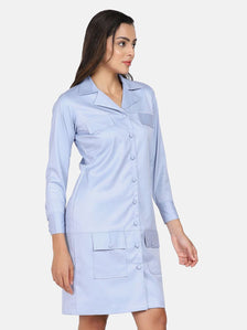 Business Formal Stretch Button Down Dress - Light Blue