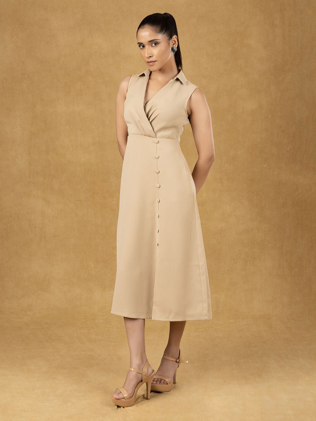 Beige Solid Wrap Neck Midi Dress