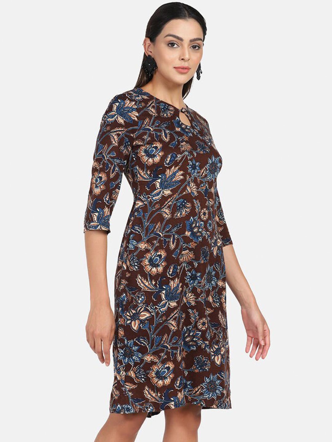 Floral Print Cotton Dress - Brown and Blue