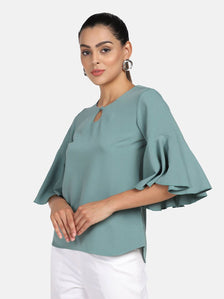 Bell Sleeves Poly Crepe Top - Sage Green