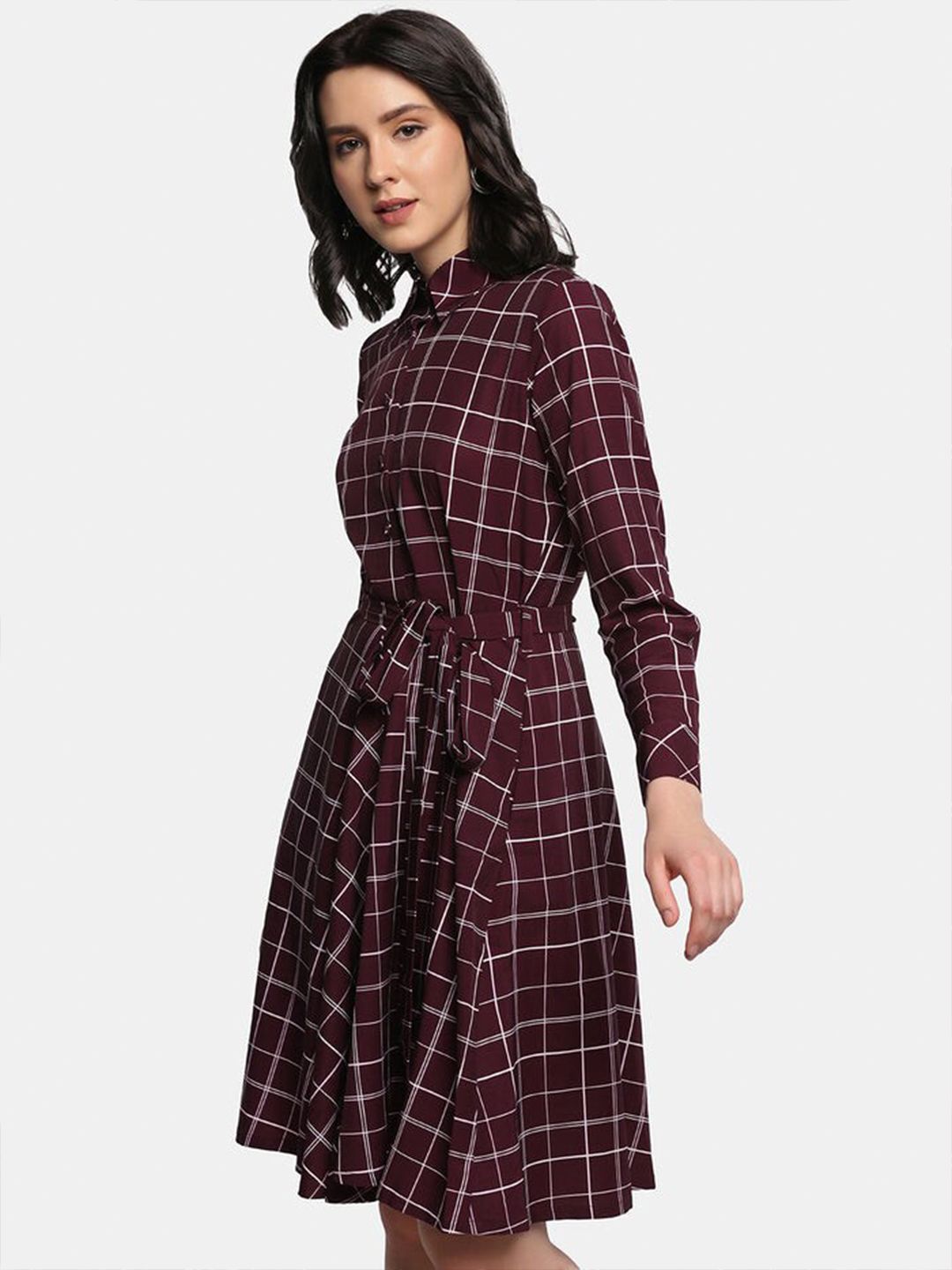 Poly Crepe Checkered Flare Shirt Dress - Maroon