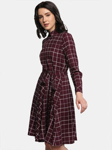 Poly Crepe Checkered Flare Shirt Dress - Maroon