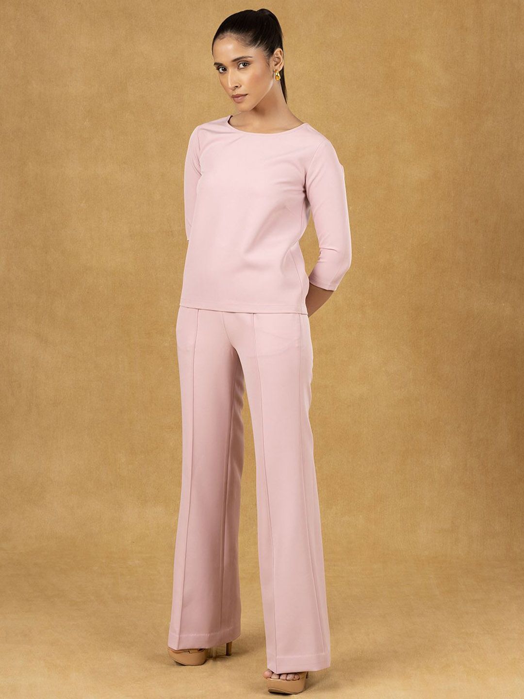 Pink Solid Boxy Top with Pullover Wide Leg Trousers