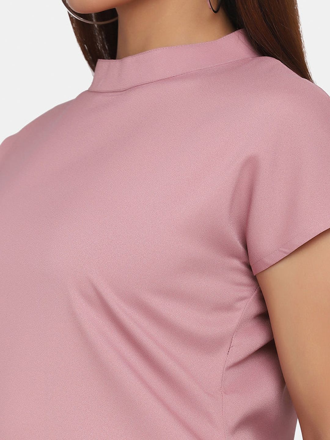 Short Sleeve High Neck Stretch Top for Women- Blush Pink