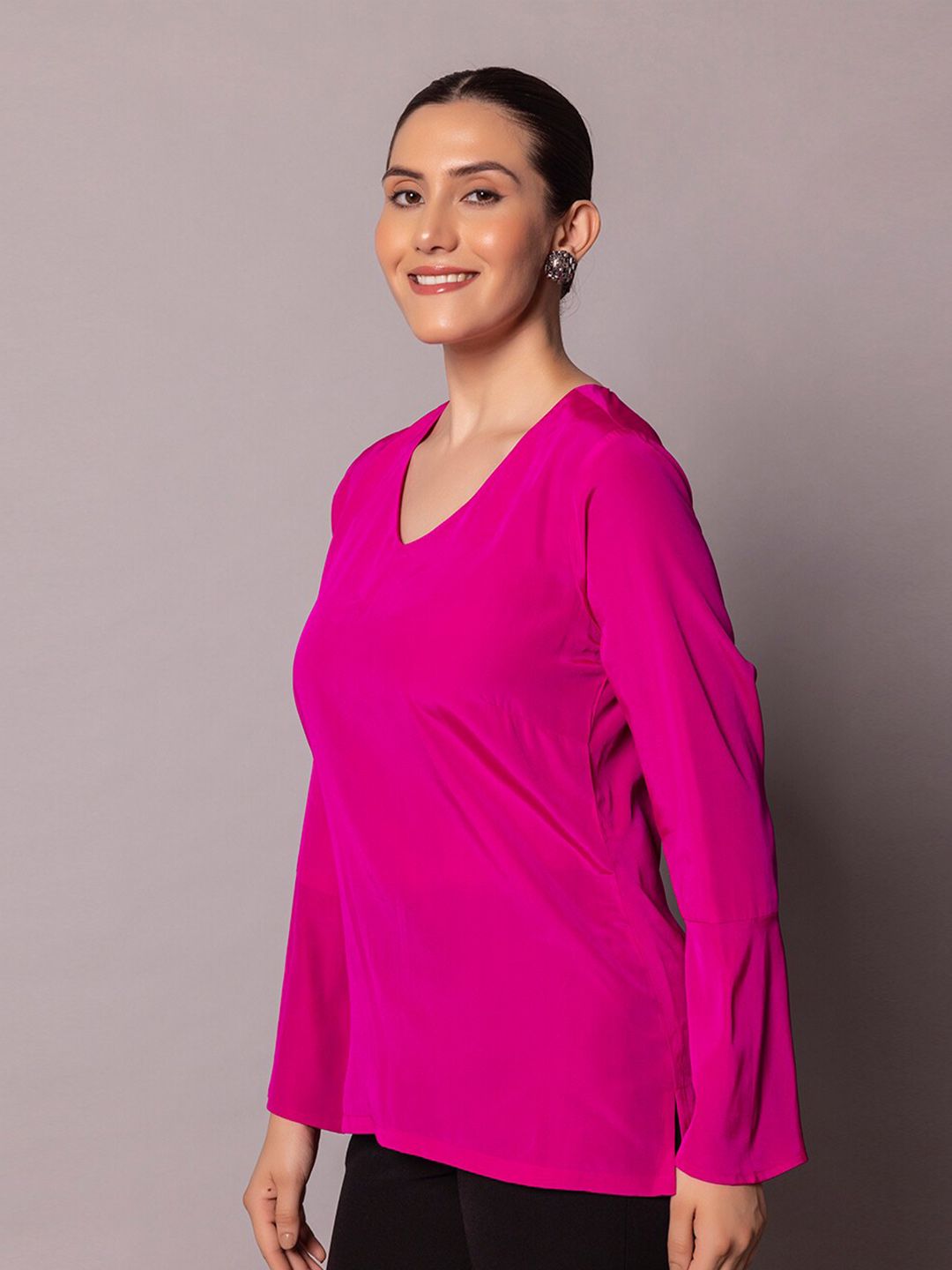 Regular Fit Bell Sleeves Crepe Top- Hot Pink