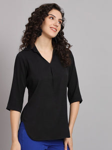 V-Neck Shirt with Box Pleat - Black