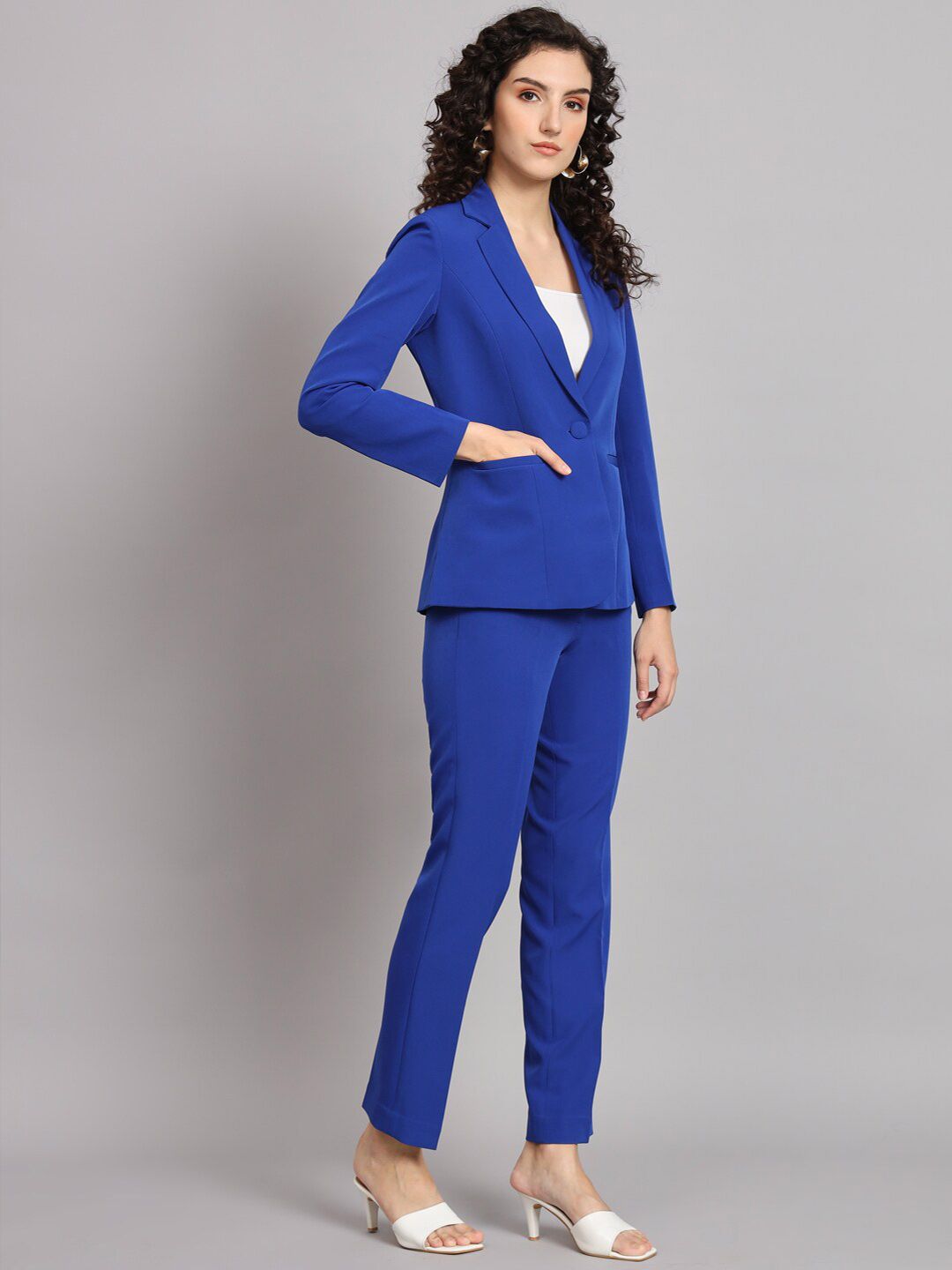 Notched Collar Stretch Pant Suit - Ink Blue