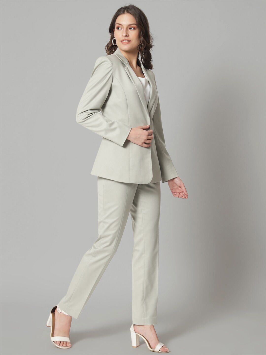 Poly Cotton Notch Collar Pant Suit - Sage Green