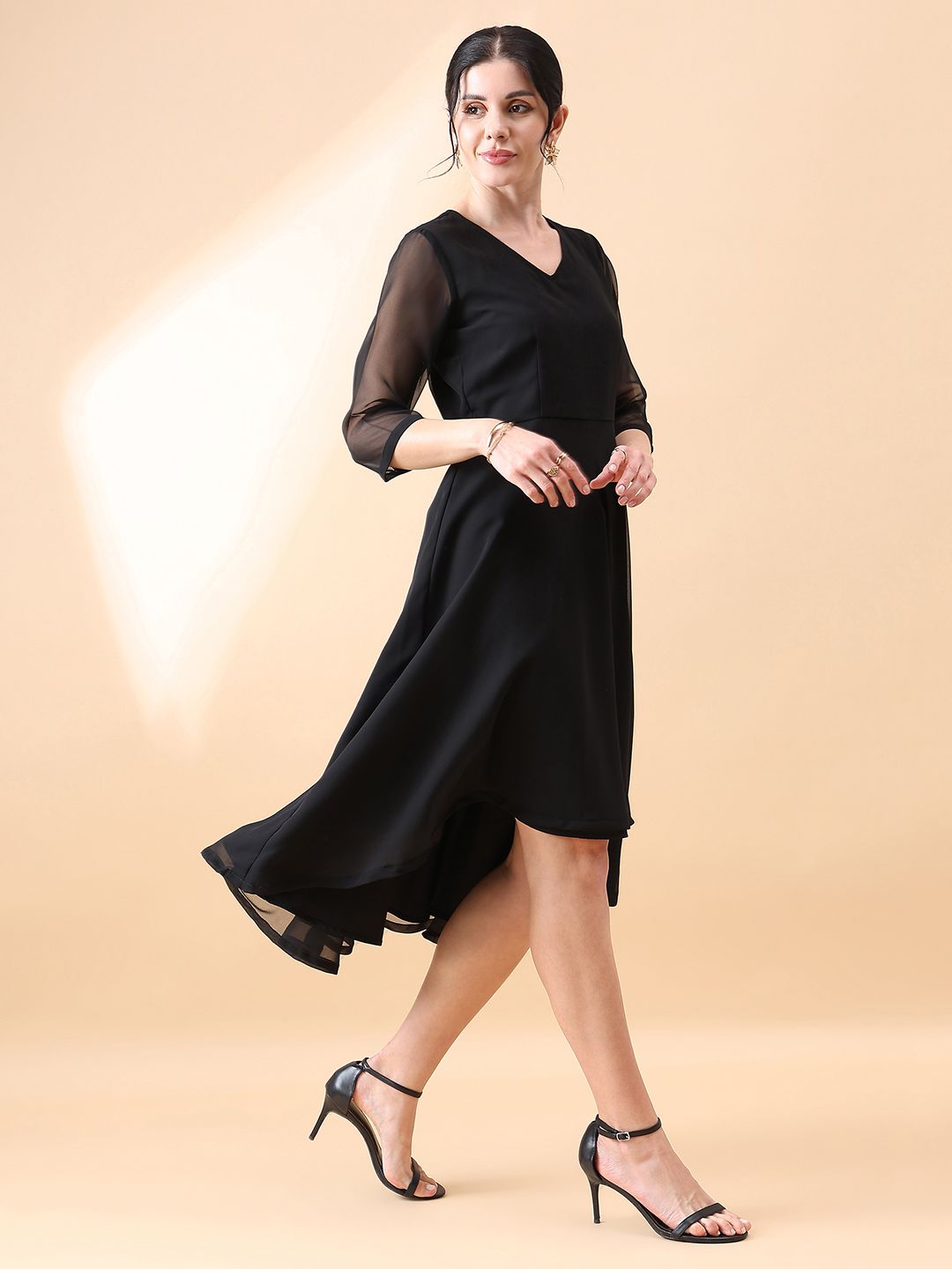 Straight Fit A line Flared Dress - Black