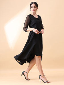 Straight Fit A line Flared Dress - Black