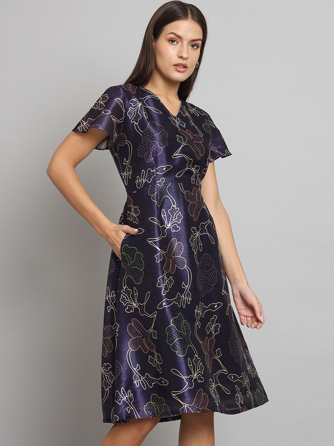 Printed Silk A-Line dress- Blue