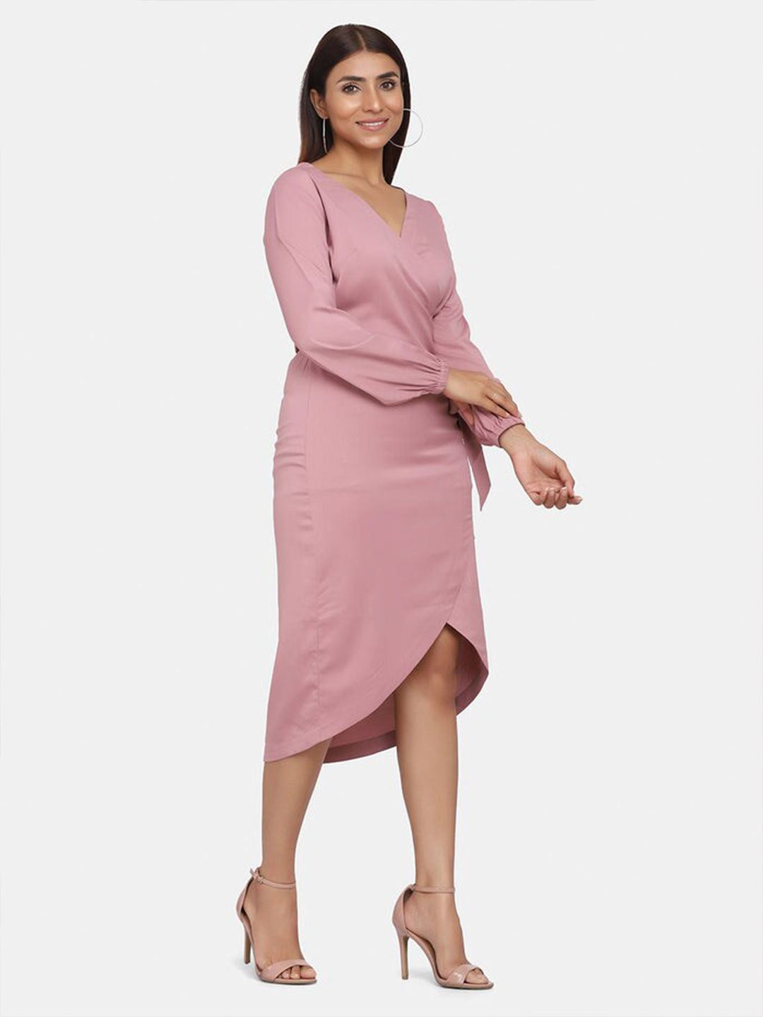 V-Neck Wrap Around Stretch Evening Dress - Blush Pink