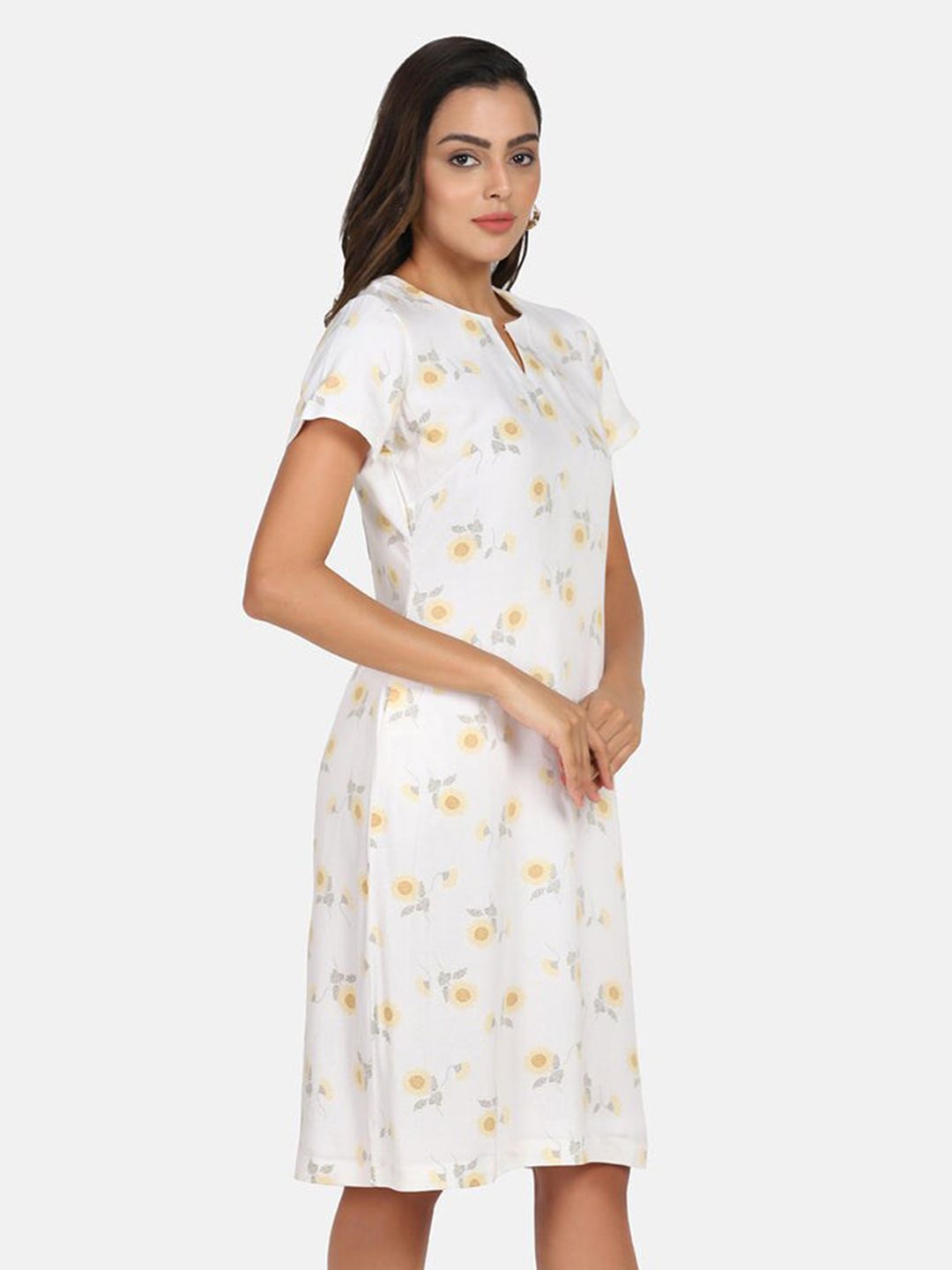 Floral Print Rayon A line Stress - White & Yellow